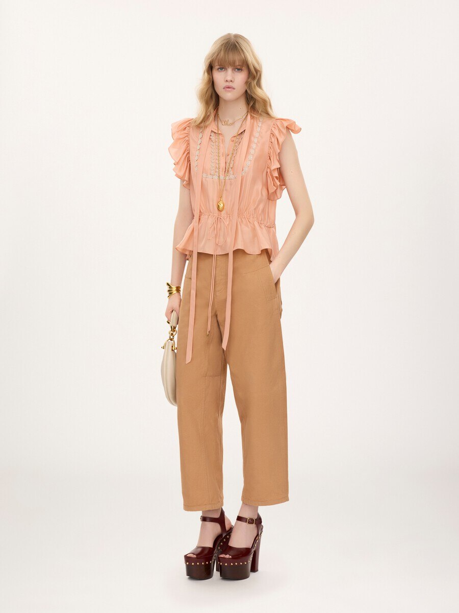Short-sleeve ruffle top in washed silk habotai & lace - 3