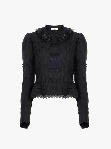 Veste ajust&eacute;e en soie jacquard m&eacute;lang&eacute;e et dentelle