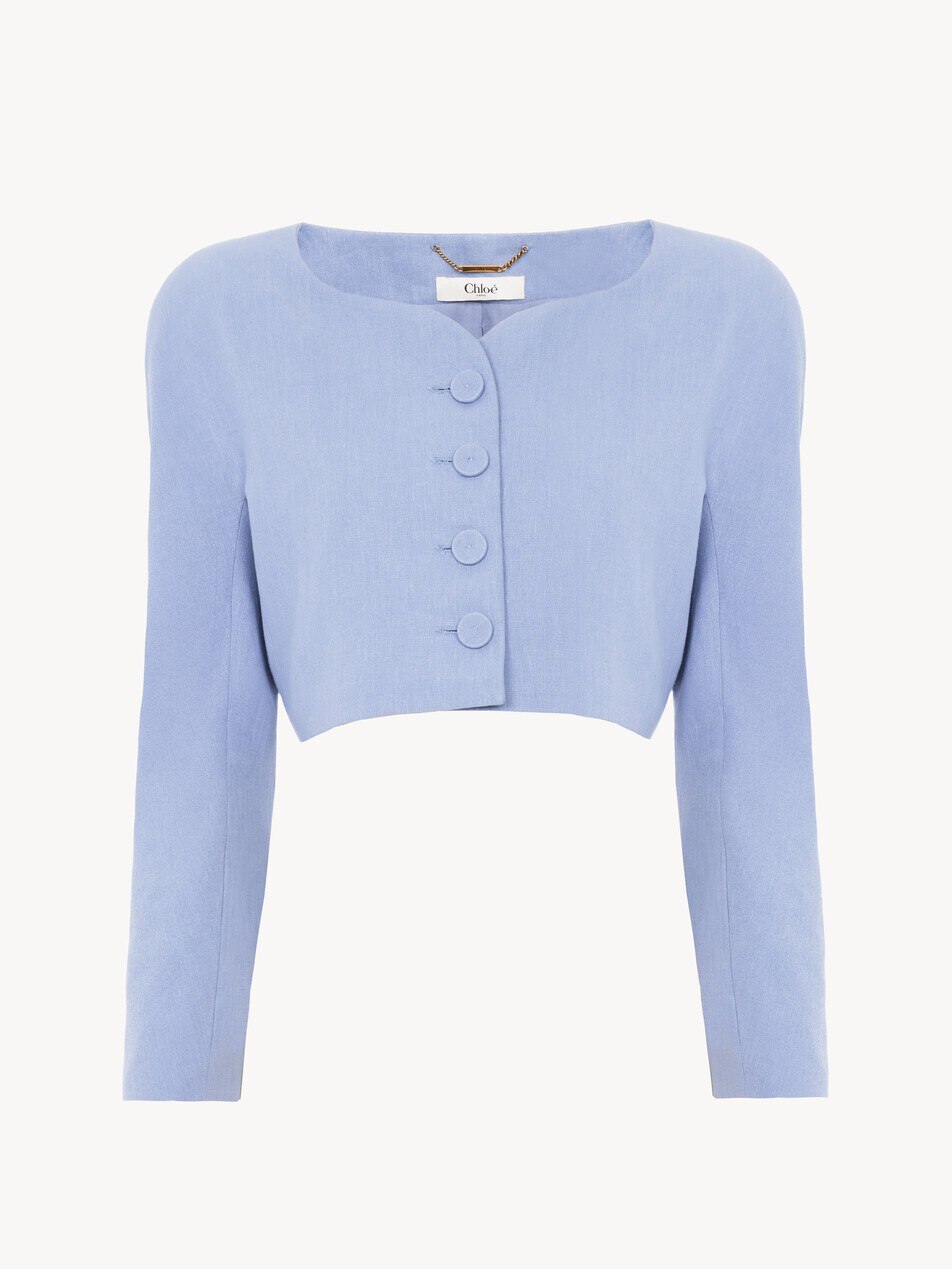 Chaqueta cropped sin cuello de crep&eacute; de lino - Packshot