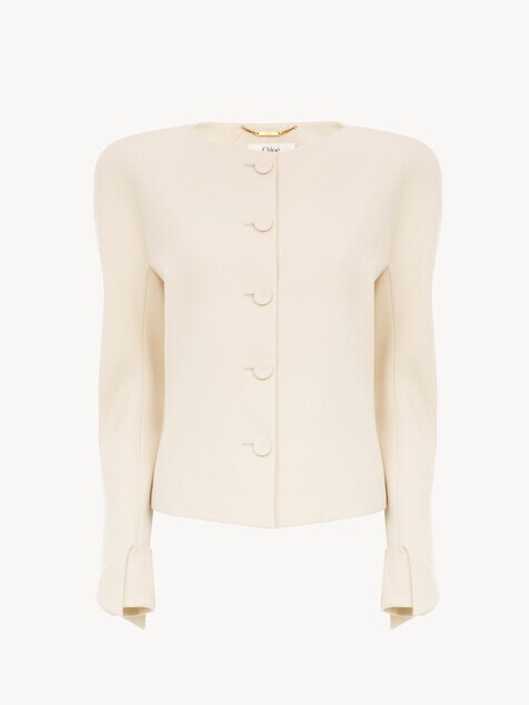 Collarless fitted jacket in wool grain de poudre