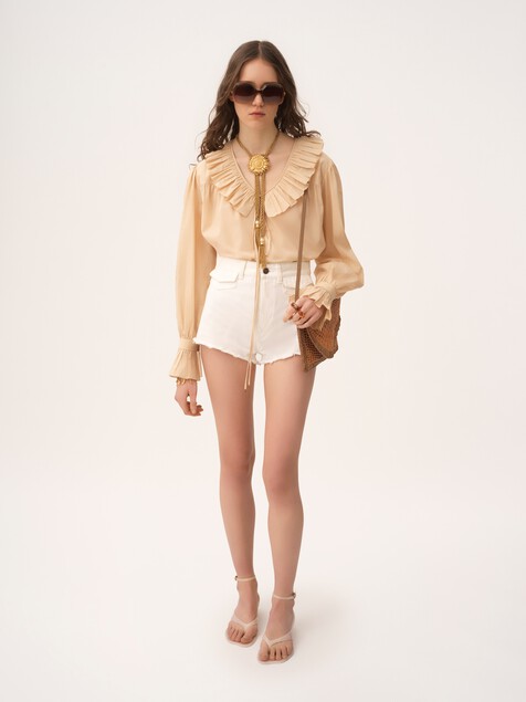 코튼 보일 개더드 러플 탑