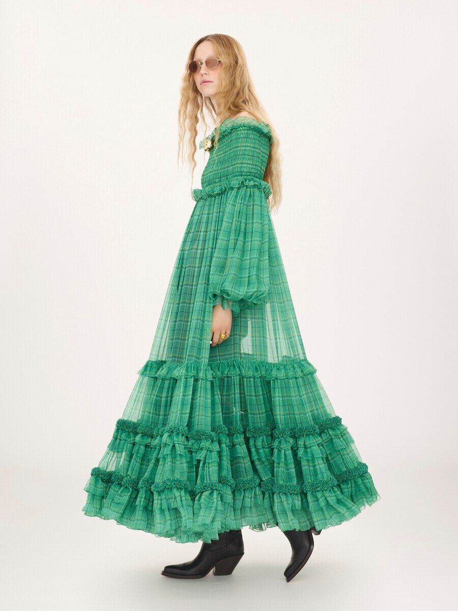 Off-the-shoulder long dress in check silk mousseline - 7