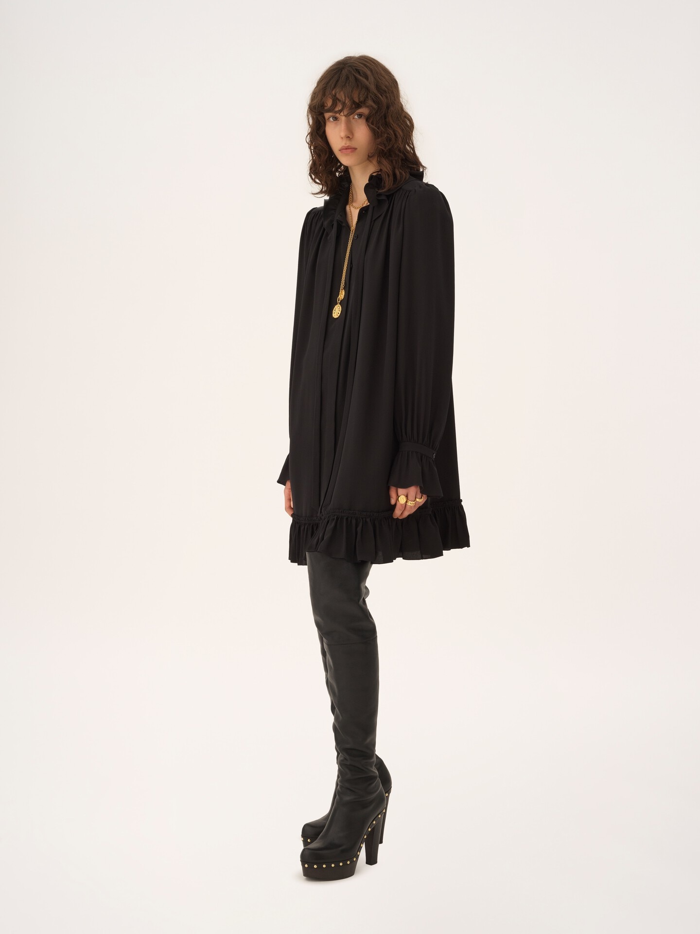 Long-sleeve mini dress in cr&ecirc;pe de chine - 4