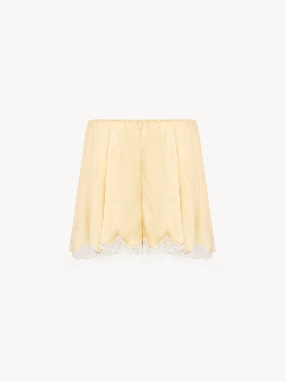 Fluid shorts in washed silk satin & lace