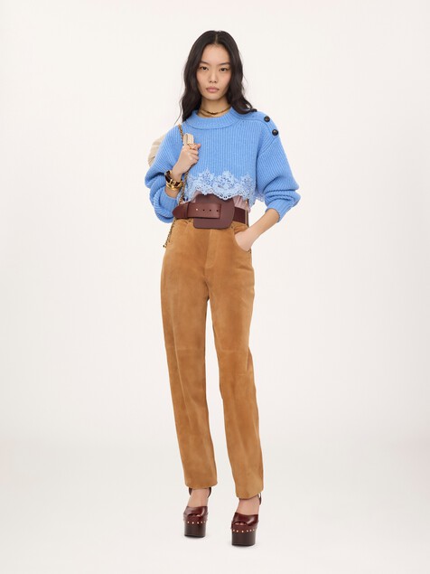 Pantalon droit en cuir velours