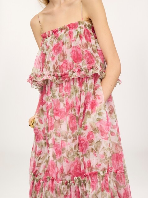 Thin-strap long dress in silk mousseline