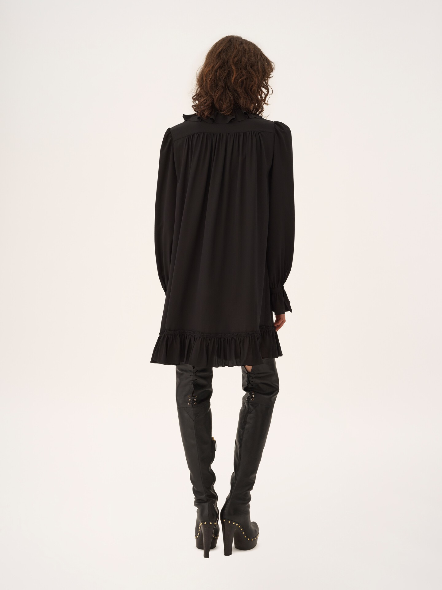 Long-sleeve mini dress in cr&ecirc;pe de chine - 5