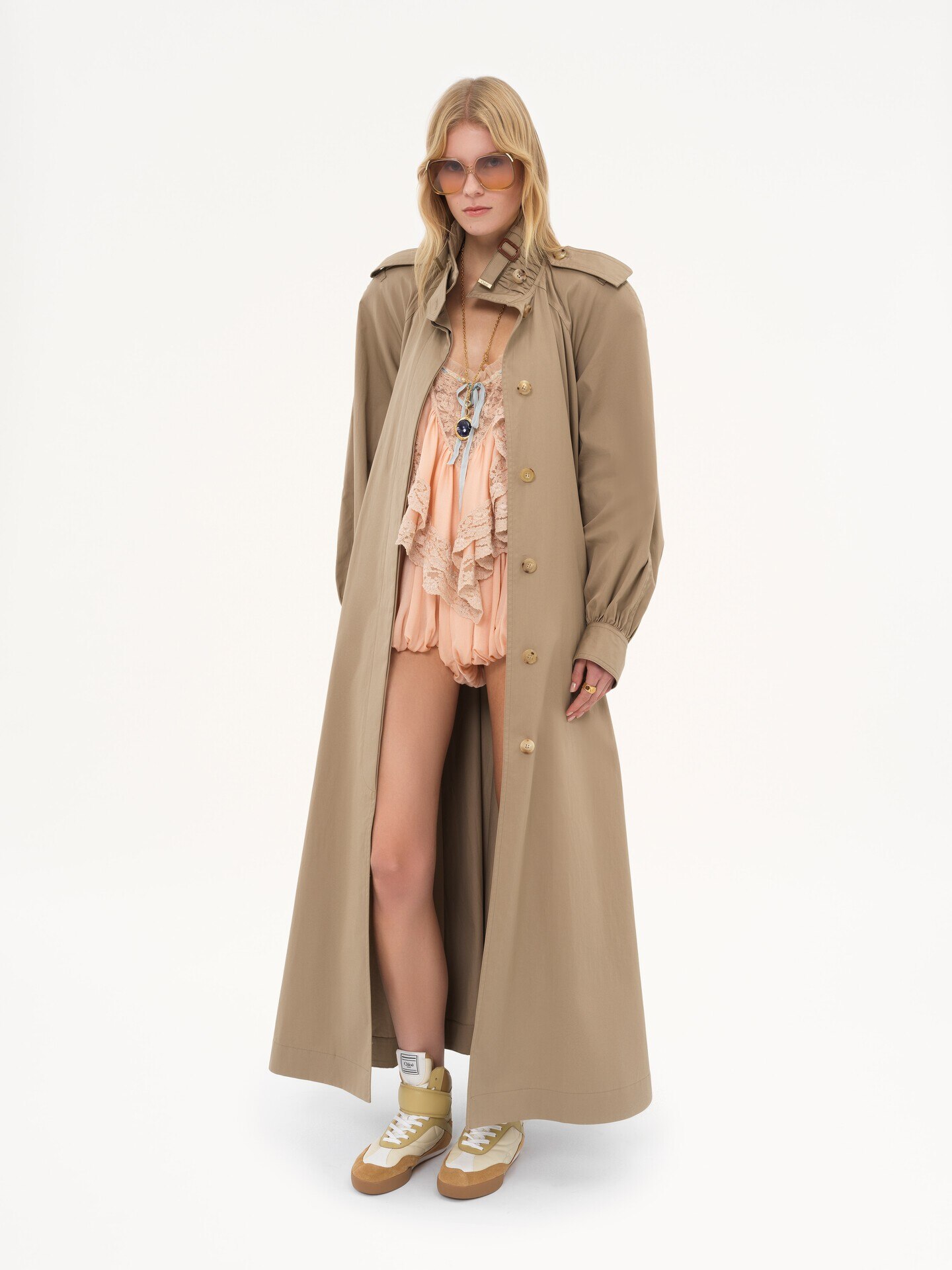High-neck long trench coat in cotton gabardine - 4