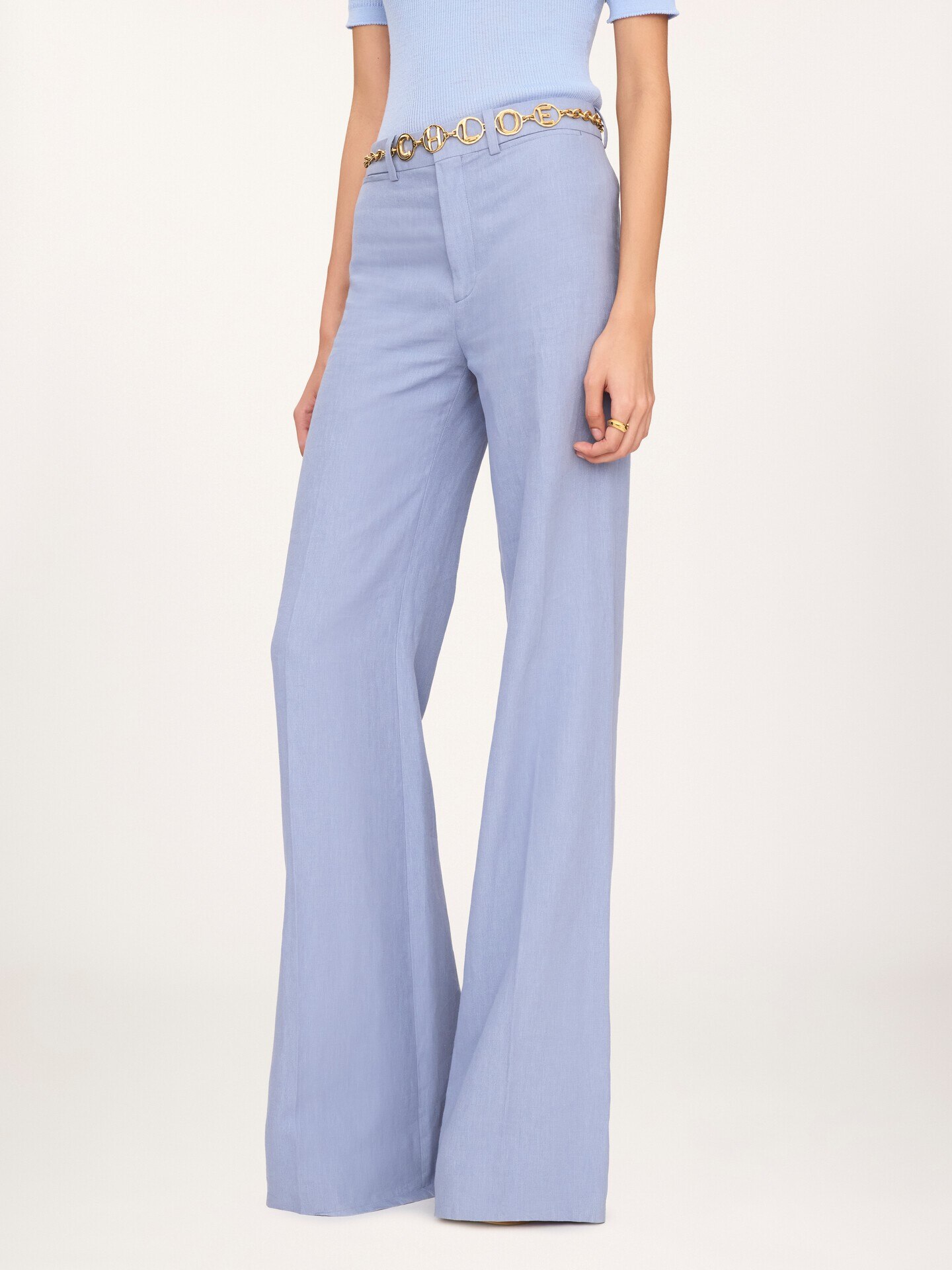 Flared high-rise trousers in linen cr&ecirc;pe - 4
