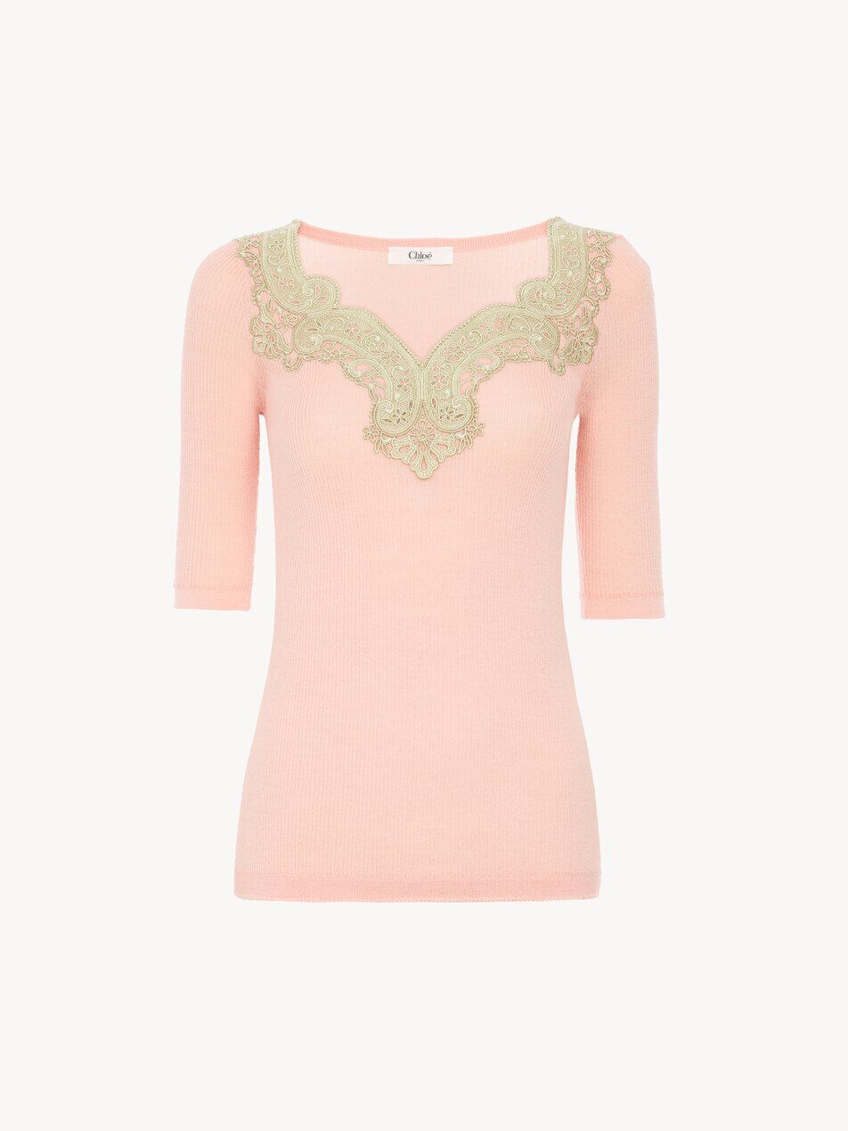 Elbow-sleeve fitted sweater in a wool knit & lace