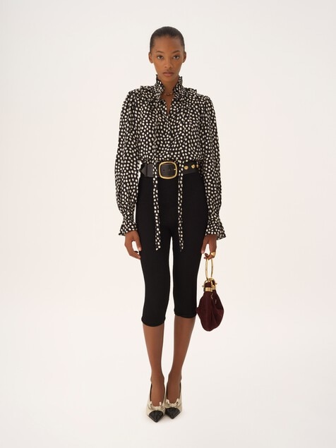 Tie-front ruffled blouse in silk jacquard