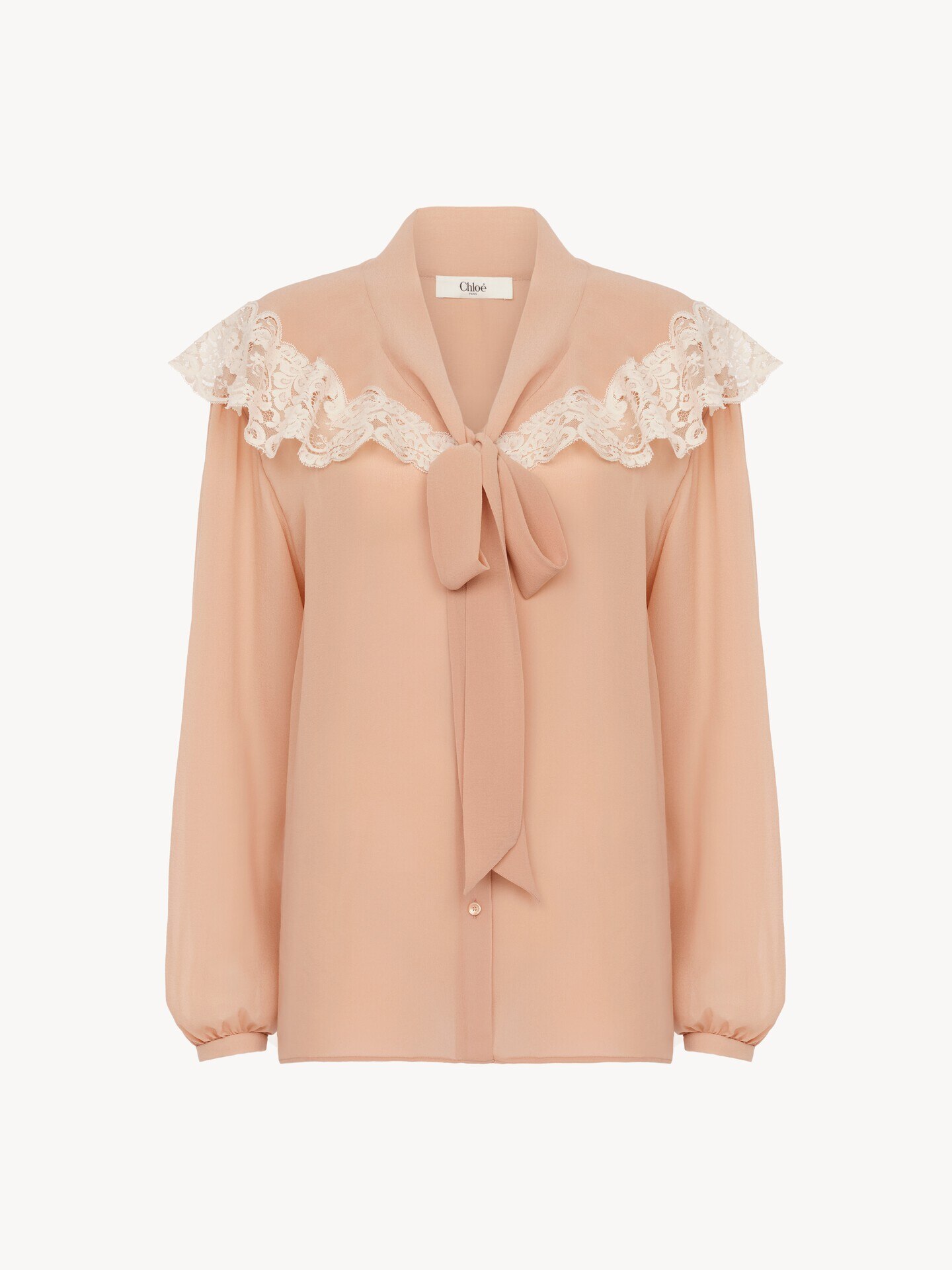 Tie-front gathered blouse in silk georgette & lace - 2.0