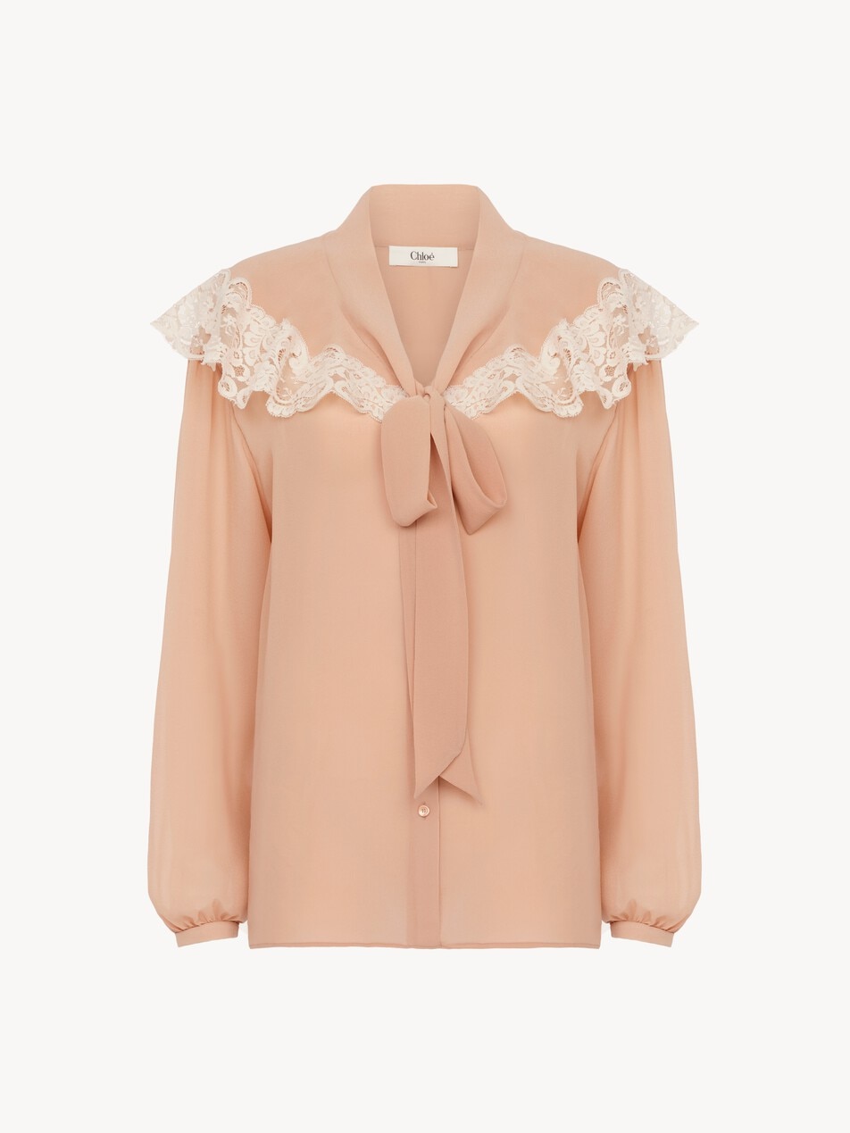 Tie-front gathered blouse in silk georgette & lace - Packshot
