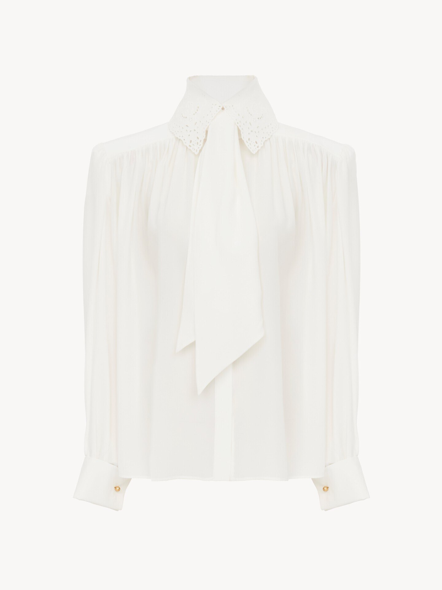 Blouse lavalli&egrave;re fronc&eacute;e en cr&ecirc;pe de chine et broderie anglaise - 2