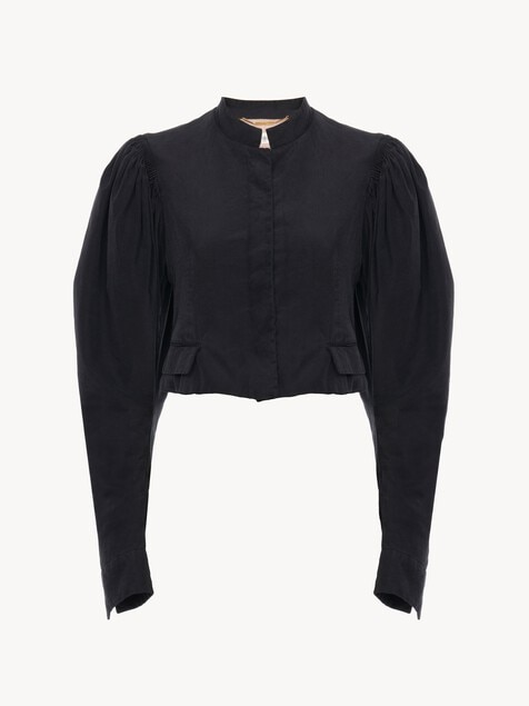 Puff-sleeve cropped jacket in silk faille