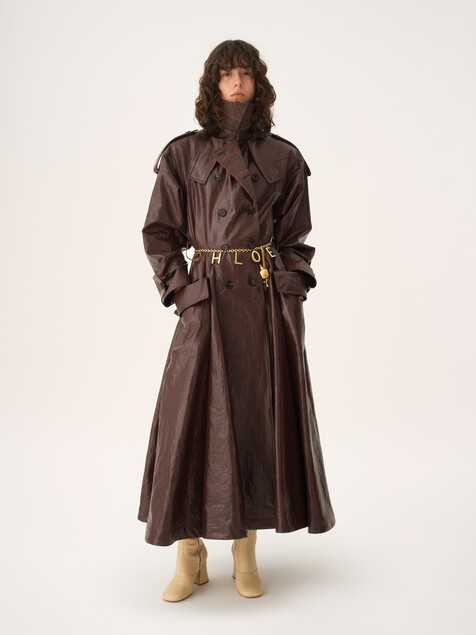 Double-breasted long riding coat in coated linen