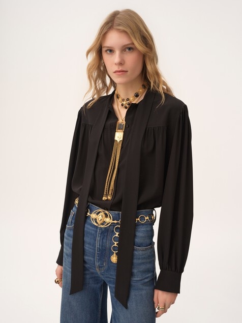 Maxi gathered lavalli&egrave;re blouse in cr&ecirc;pe de chine