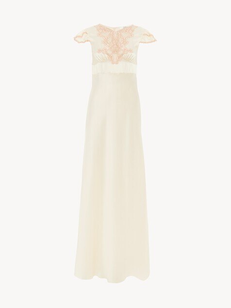 Vestido de columna de manga casquillo de sat&eacute;n de seda lavada y encaje