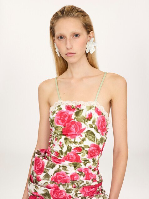 Rose-print ruched bodysuit