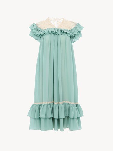Short-sleeve mini dress in silk georgette & lace - 2