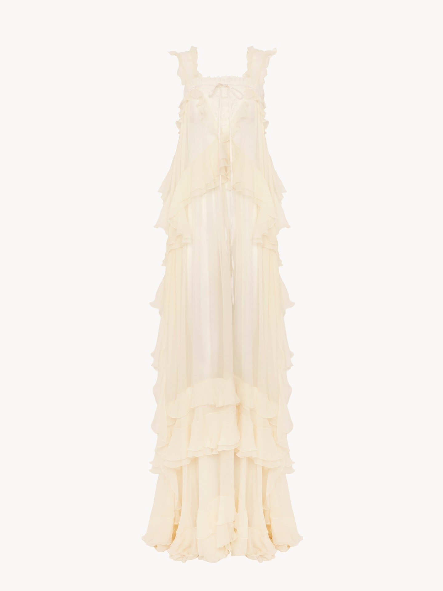 Sleeveless layered long dress in silk mousseline & lace - 2