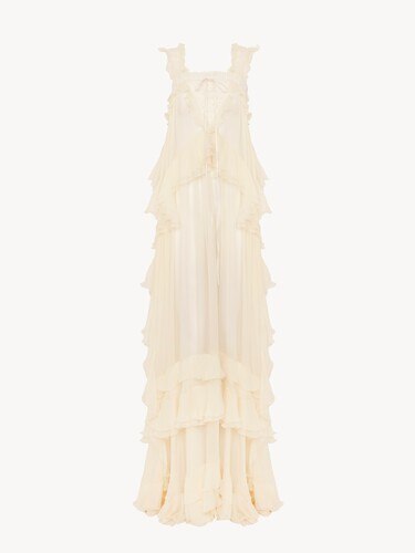 Sleeveless layered long dress in silk mousseline & lace - 2