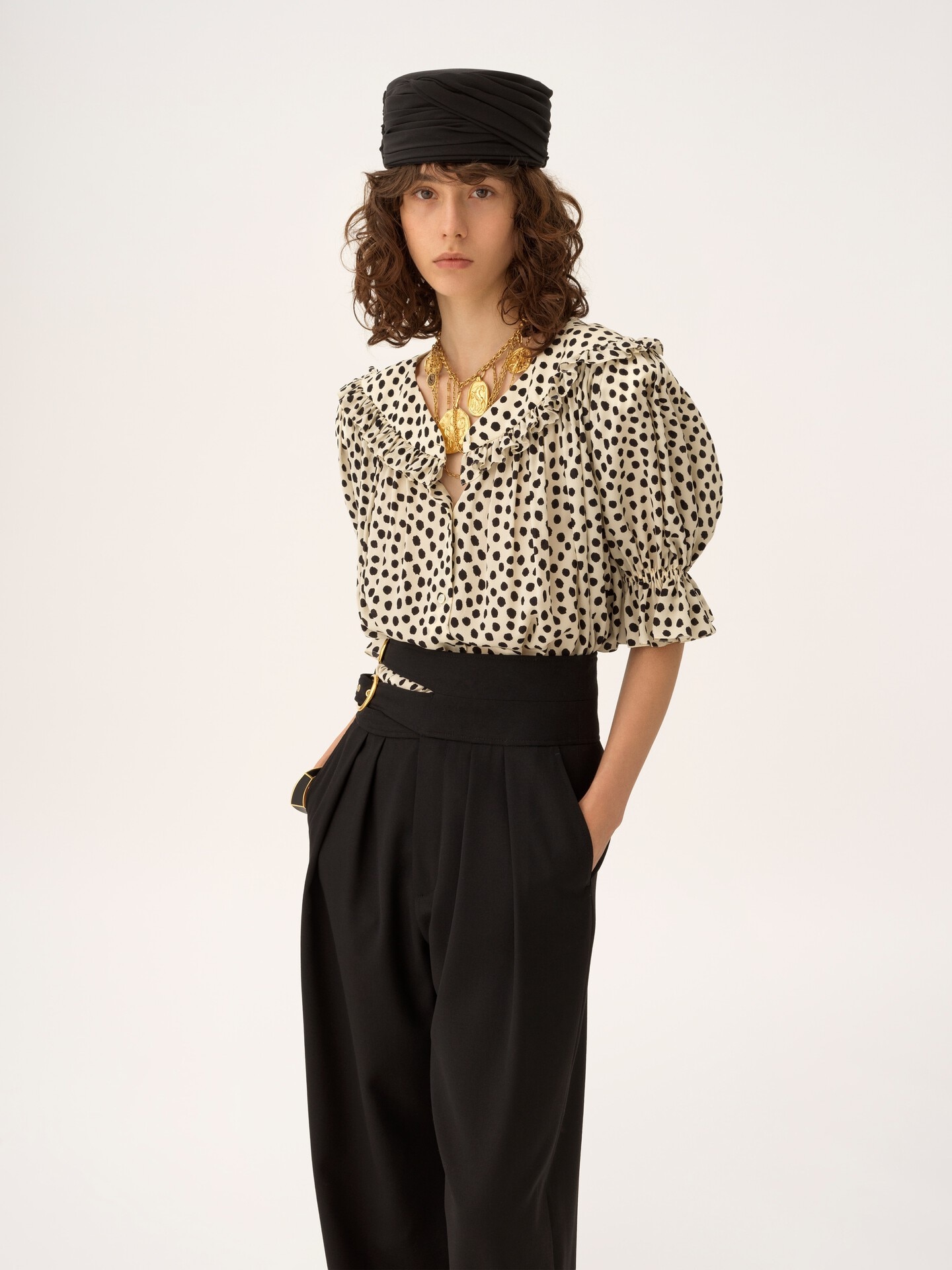 Puff-sleeve ruffled top in cr&ecirc;pe de chine - 5