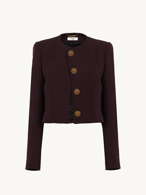 Collarless cropped jacket in wool cr&ecirc;pe