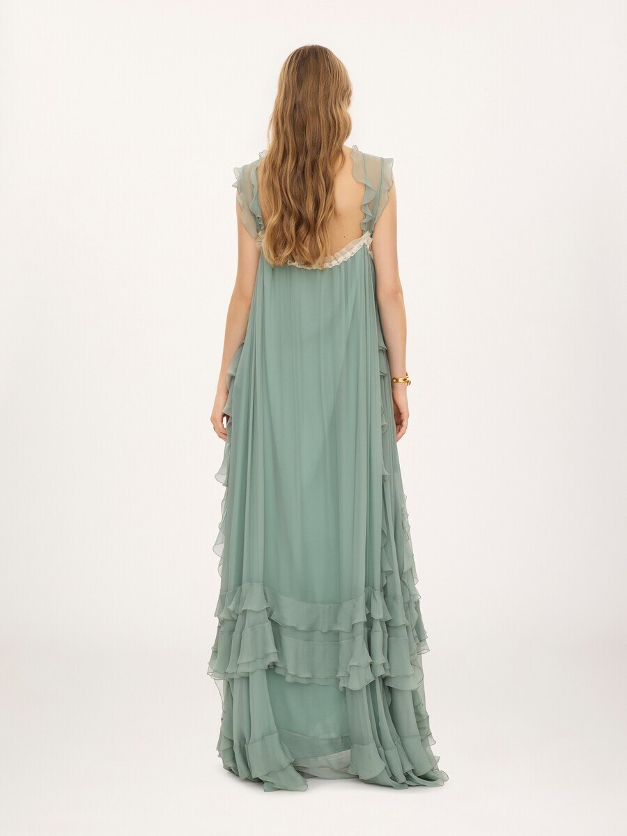 Sleeveless layered long dress in silk mousseline & lace - 5