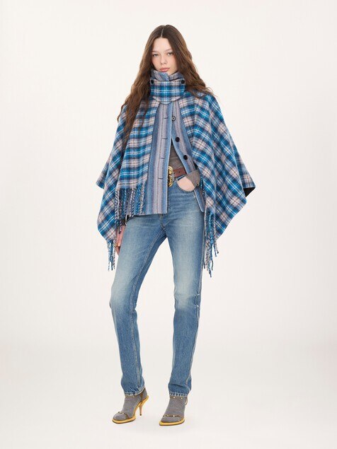 High-neck short cape coat in check wool & alpaca