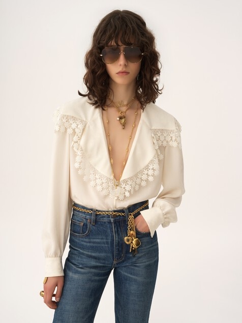 Maxi-collar blouse in silk jacquard & lace