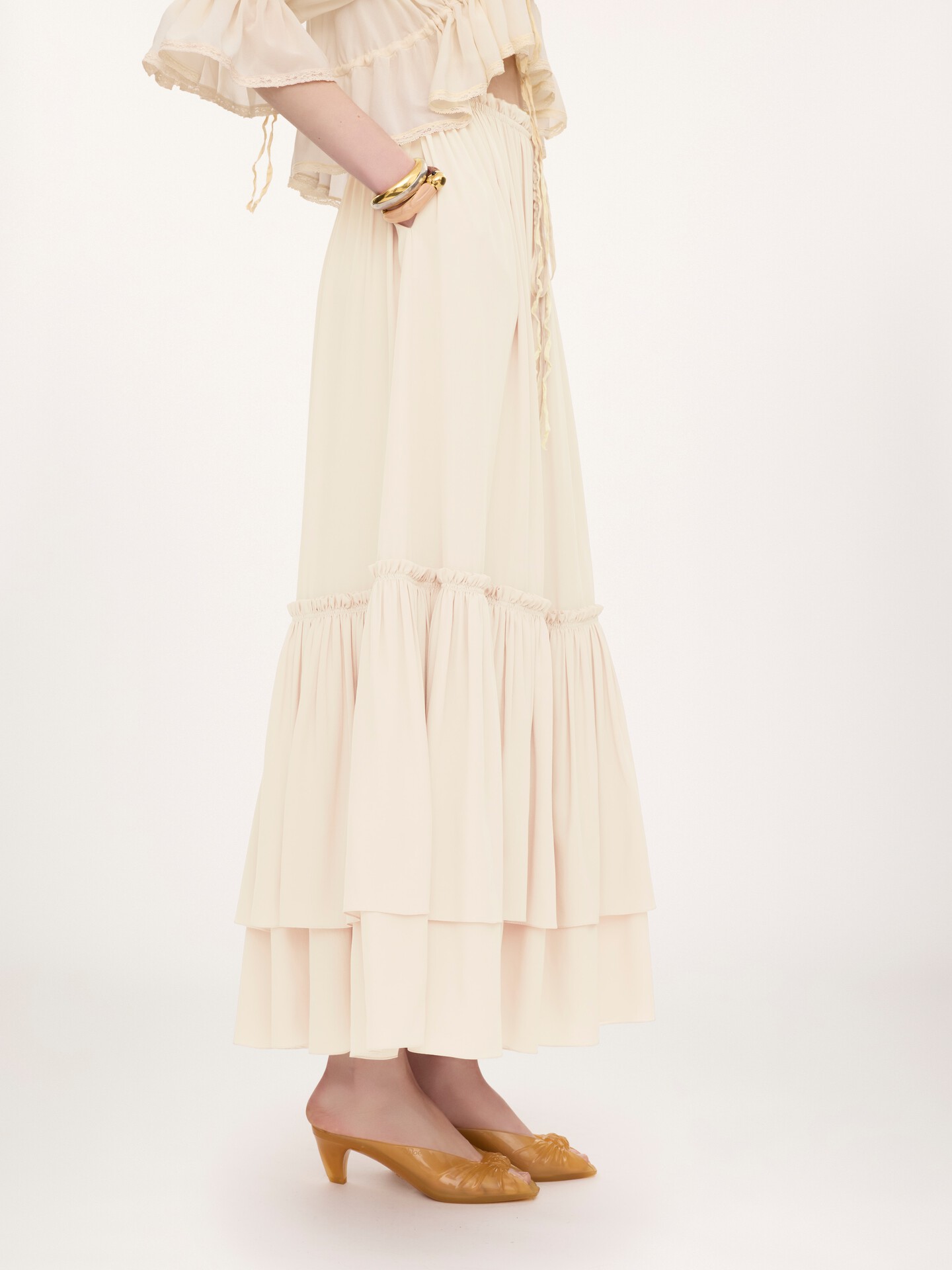 Ruffled long skirt in silk mousseline - 6