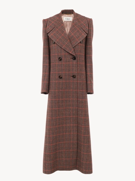 Long double-breasted coat in check wool