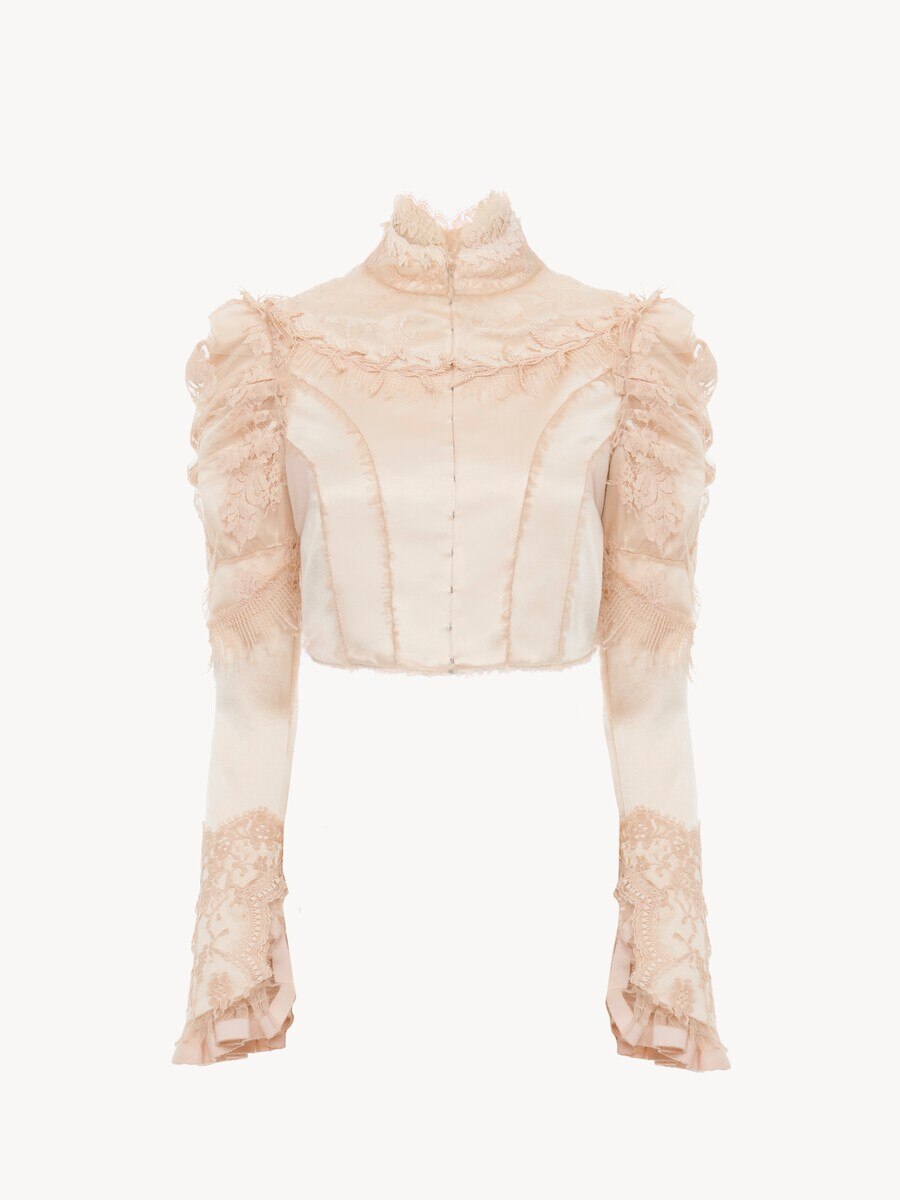 Cropped fitted jacket in silk duchess satin & lace - 1