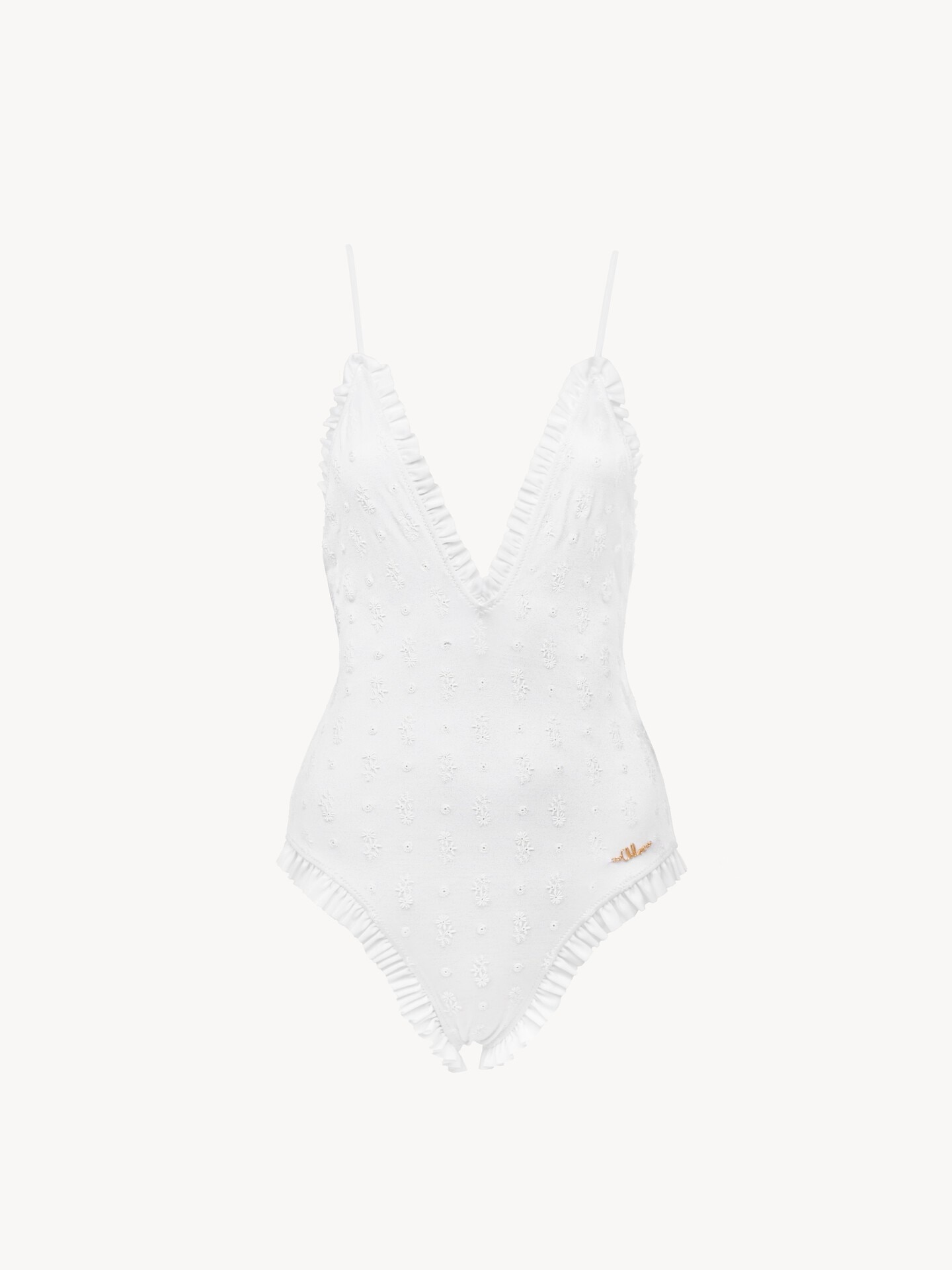 Maillot de bain une pi&egrave;ce col V &agrave; volants et logo - 1