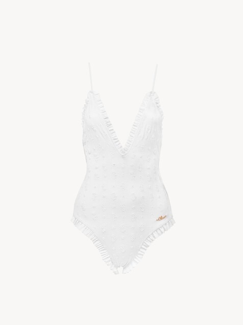 Maillot de bain une pi&egrave;ce col V &agrave; volants et logo
