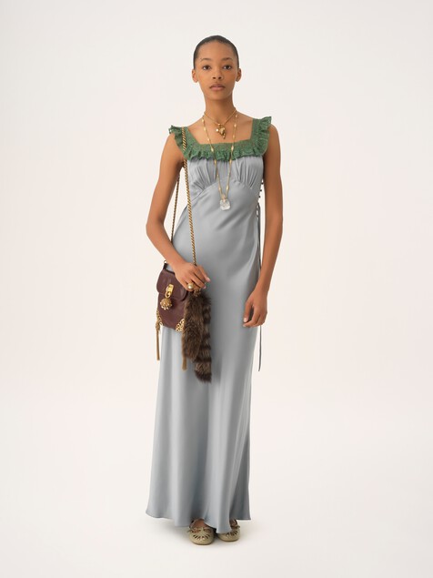 Sleeveless column dress in washed silk satin & lace