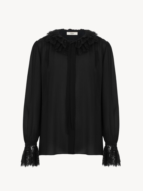 Fluid blouse in silk georgette & lace