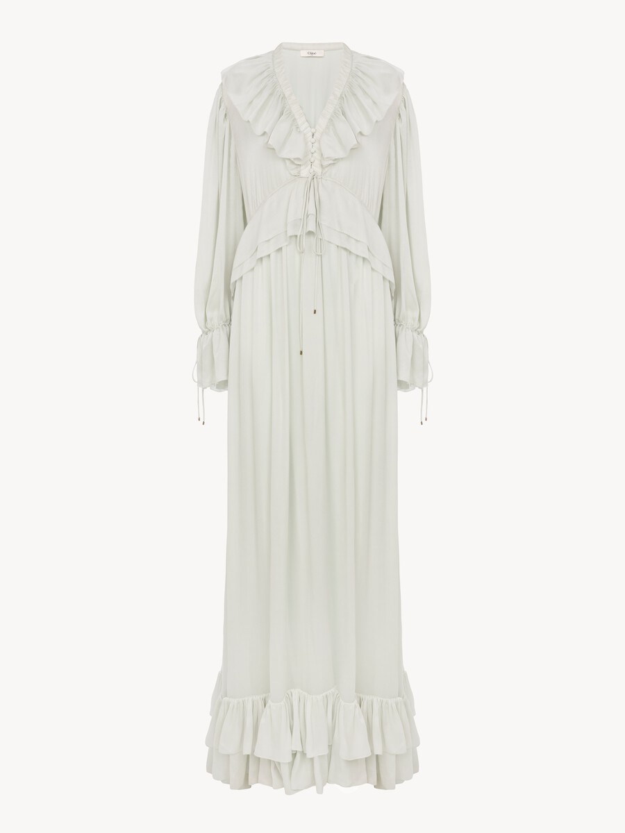 Robe longue fronc&eacute;e en charmeuse de soie - 1