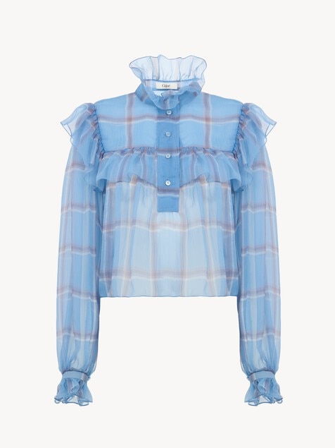 Ruffled top in check silk mousseline