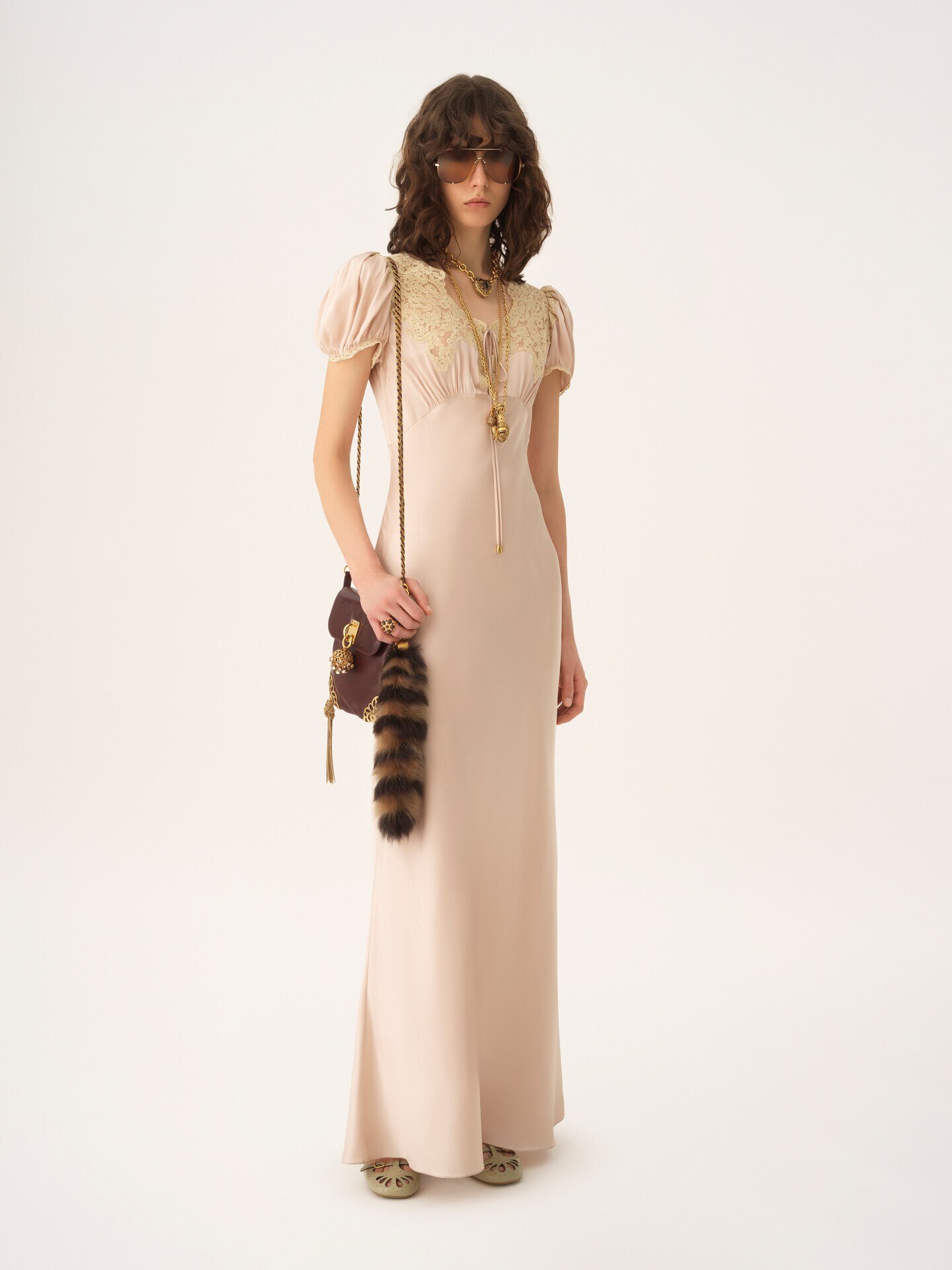 Puff-sleeve column dress in washed silk satin & lace - 3
