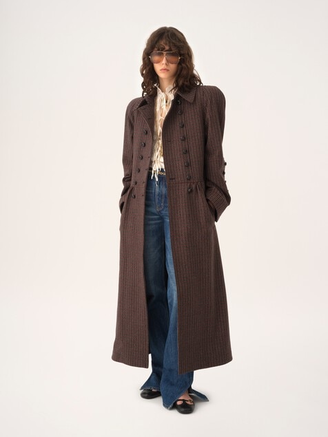Manteau cavalier crois&eacute; en laine pied-de-poule