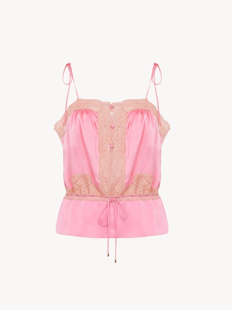 Drawstring camisole top in washed silk satin & lace