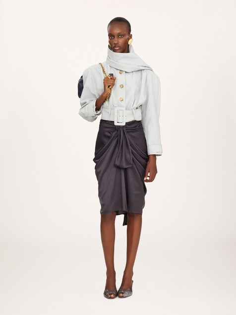Veste courte col foulard en lin et coton m&eacute;lang&eacute;s