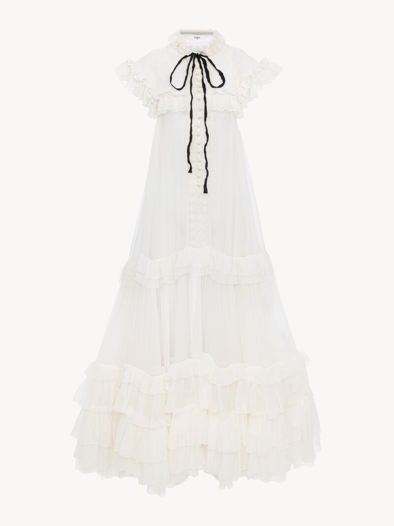 Tie-front ruffled long dress in silk mousseline & lace by Chloé