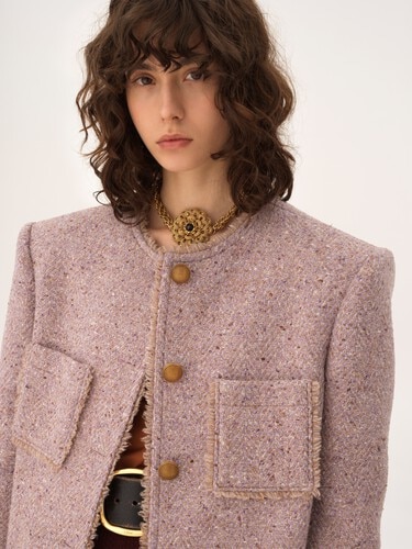 Single-breasted collarless coat in chin&eacute; wool tweed - 9