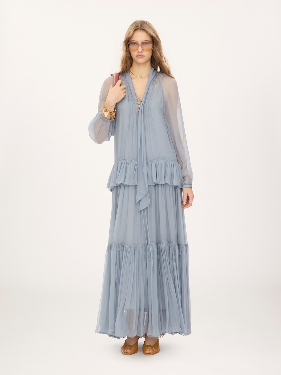 Fluid lavalli&egrave;re long dress in silk mousseline