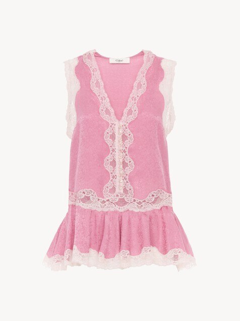 Sleeveless peplum top in silk jacquard & lace