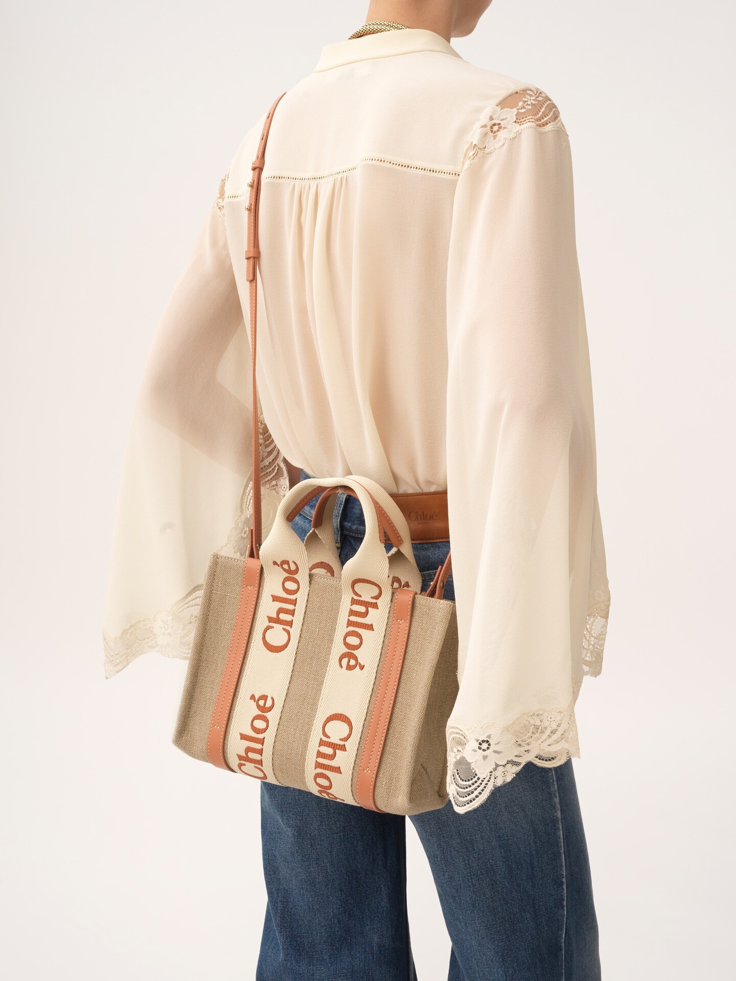 Small Woody tote bag in linen - 3