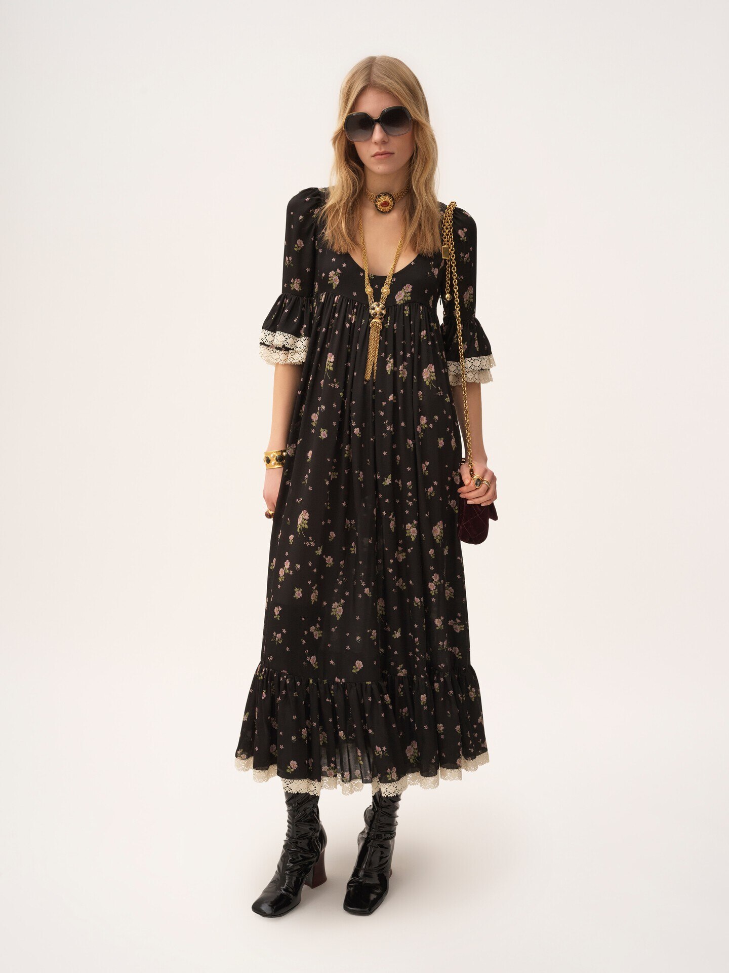 Vestido midi con cuello redondo de seda charmeuse y encaje - 3